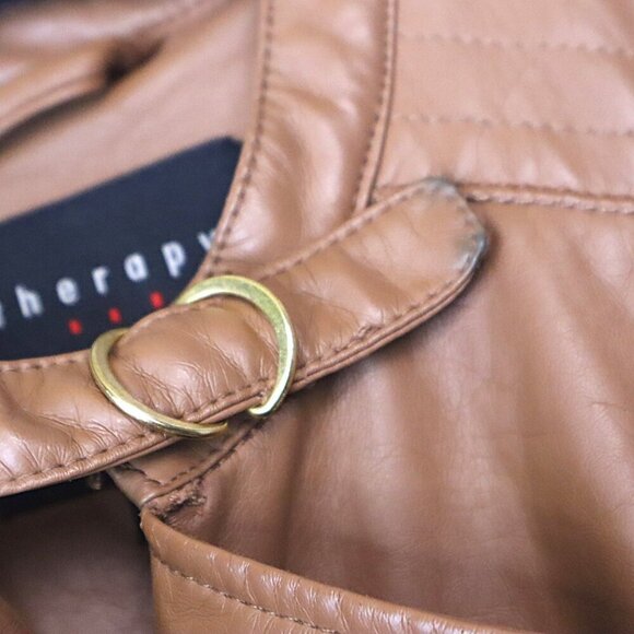 CARAMEL FAUX LEATHER JACKET S Therapy Brown Tan Moto Vegan Fall Classic Retro - Picture 5 of 11